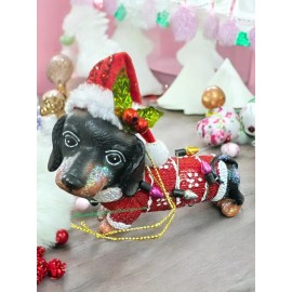 Unbranded Dachshund Weiner Dog Christmas Tree Ornament Lights Sweater Santa Hat with Holly