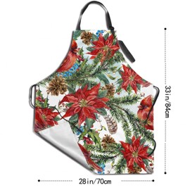 Giwawa Christmas Bird Apron with Adjustable Neck & Pocket, Winter Red Poinsettia Flower Kitchen Apron, Merry Xmas Pinecones Berries Holly Cooking Apron for Chef Baking Painting Gardening