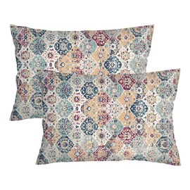 Boho Throw Pillow Cover Queen Size Set of 2,Moroccan Vintage Bohemian Flowers Lumbar Pillow Case Decorative Standard Pillow Cases with Zipper Farmhouse Cushion Covers for Bed,Sofa,Couch,20"x30"