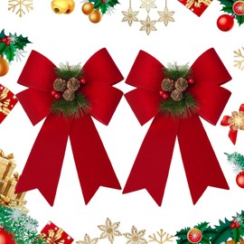 COLOFALLA Pack of 2 22.8 x 30 cm Christmas Bows Large Red Pine Cones Christmas Bows Bow Christmas Tree Decoration (R)