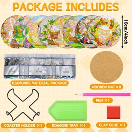 UPINS 8 Pieces Easter Diamond Coasters Kits with Holder,DIY Easter Diamond Art Rabbit Diamond Art Coaster for Adults Diamond Kits Supplies for Spring Easter Gift