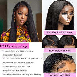 Straight 13 * 4 HD Lace Frontal Wig for Women Pre-Plucked With Baby Hair Around Heat Resistant Synthetic Invisible Lace Front Wig (Natural Black) (18INCH)