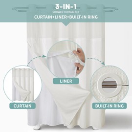 eachope Cream Extra Long No Hook Waffle Weave Shower Curtain with snap-in Liner Replacement, 230GSM Waterproof Fabric Hotel Shower Curtain Set for Bathroom, Through Mesh Top Window,71Wx86H