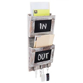 MyGift Torched Wood Wall-Mounted 2-Slot Mail Sorter Organizer with Chalkboard Surface & 3 Key Hook Rack