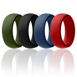 ROQ Silicone Rubber Wedding Ring for Men, Comfort Fit, Breathable Rubber Engagement Band, Men's Wedding Band, 8mm Wide 2mm Thick, Dome Solid, 4 Pack, Olive Green, Black, Blue, Red, Size 9