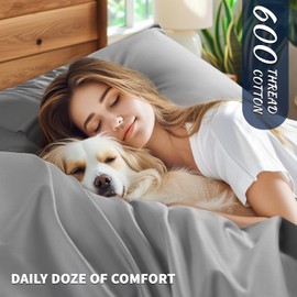 Shilucheng 100% Cotton King Size Sheets Set - 600 Thread Count，Luxury Egyptian Cotton Bed Sheets，5-Star Hotel Quality Sheets, Breathable & Cooling, 16 Inch Deep Pocket - 4 Piece (Grey, King)