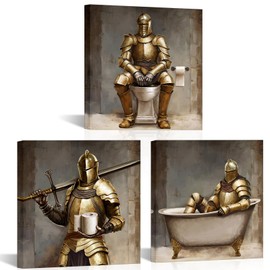 WELMECO Boys Bathroom Decor Medieval Soldiers Painting Bathroom Pictures Framed Bathroom Wall Art,12inchx12inchx3Pieces (Gold)