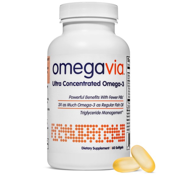 OmegaVia Ultra Concentrated Omega 3 Fish Oil, 60 Burpless Pills, High Potency – 1105 mg Omega 3 per Pill, 3X More Omegas Than Regular Fish Oil Supplements, Triglyceride Form, High EPA w/DHA & DPA