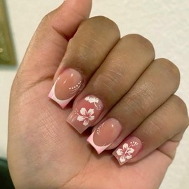 Press on Nails Short Square OFDNE French Tip Fake Nails Pink False Nails with Designs Flower Full Cover Glossy Glue on Nails Stick on Nails Acrylic Nails for Women Girls 24 Pcs