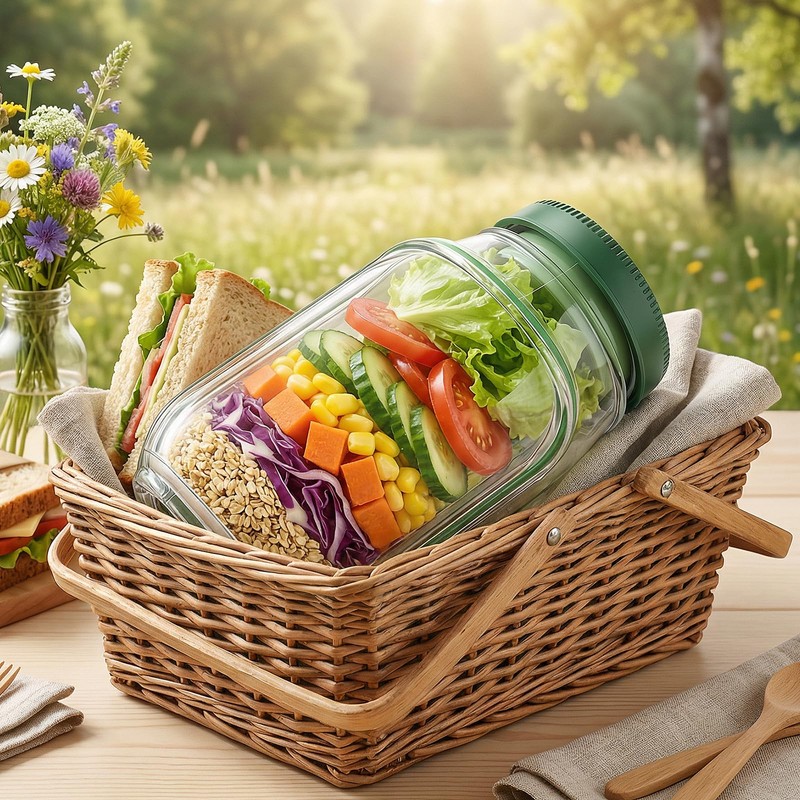 Portable Salad Container with Dressing Cup & Spoon, Mason Jar