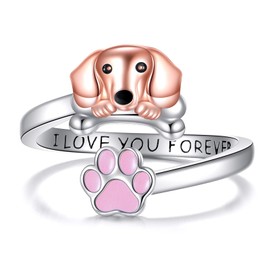 AXOMY Dachshund Ring S925 Sterling Silver Adjustable Paw Dachshund Open Rings Dachshunds Jewelry Gifts for Women Mom Wife Dog Lovers