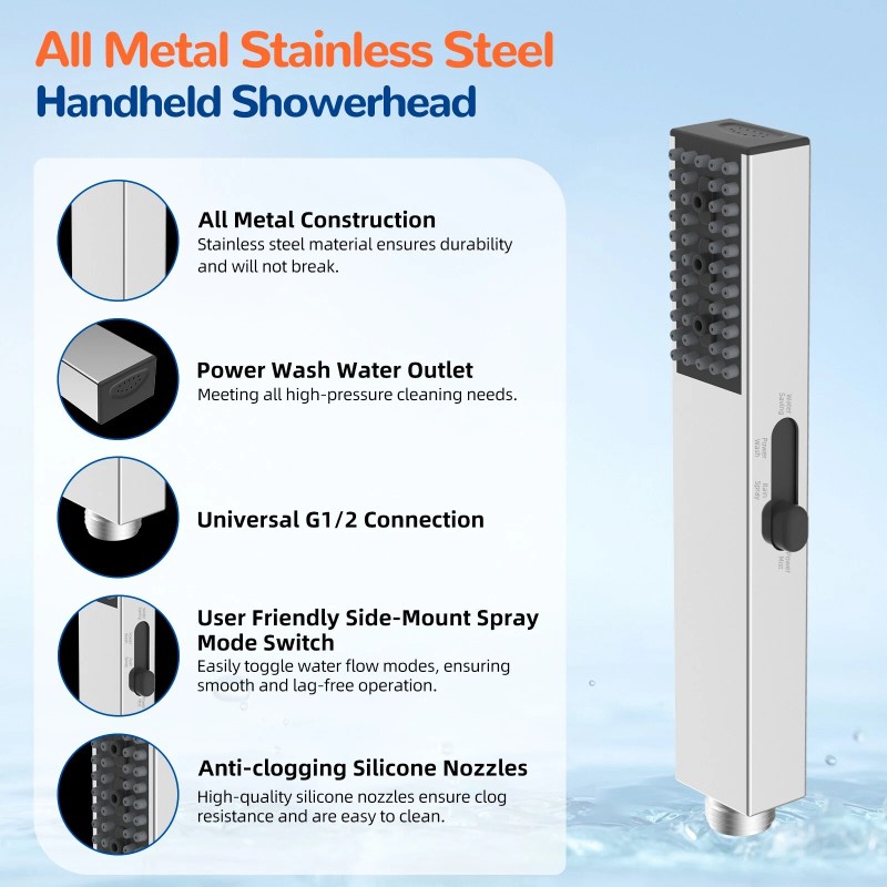 Hibbent Solid Brass High Pressure Hand Held Shower Wand Square