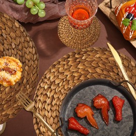 200 Disposable Woven Paper Placemats and Coasters Set Disposable Braided Rattan Pattern Paper Placemats Round Water Hyacinth Print Paper Placemats Farmhouse Table Placemats for Wedding Decoration