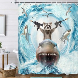 Uokiuki Funny Animal Shower Curtain, Cute Raccoons Ride Shark Ocean Waves Shower Curtain with Hooks, Nautical Coastal Fabric Bathroom Curtain 69W X 70L Inch
