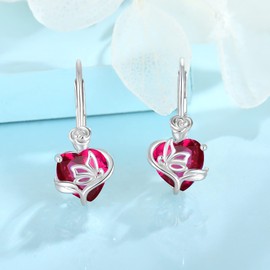 FJ Heart Drop Earrings 925 Silver Butterfly Leverback Earrings July Birthstone Ruby Jewelry