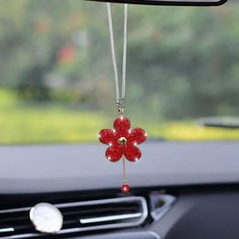 Bling Car Hanging Charm Accessories, Crystal Flower Car Rear View Mirror Pendant Decoration, Car Interior Ornament Accessories for Women Girls Presents (Red)