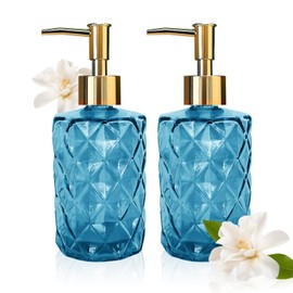Blue Glass Soap Dispenser Set, 2 Pack/11Oz Bathroom Glass Soap Dispenser Set with Gold Pump, Premium Thick Soap Pump Bottles, Refillable Kitchen Liquid Soap Bottle for Hand Sanitizer, Shampoo