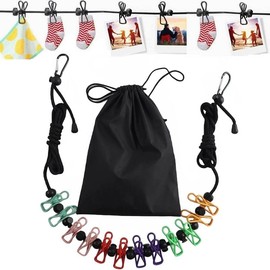 Retractable Portable Clothesline – Travel & Camping Laundry Drying Line with 12 Colorful Clips & Stainless‑Steel Hooks, Stretchable 10–12 ft Cord, Indoor/Outdoor (Color)