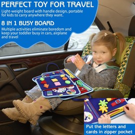 Busy Board for Kids, Montessori Toys for 3+ Year Old, Travel Toys Gifts for Girls, Sensory Board, Educational Learning Activities Fine Motor Skills Toys for Airplane Car (Blue)