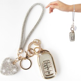 YIKECASE Key Fob Cover with Diamond Heart Keychain Car Key Holder Case Compatible with Honda 2023 2024 Accord Civic HRV CRV Pilot Smart Remote Key Protector for Women 5 Buttons, (White-Wrist Rope)
