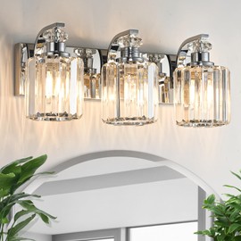 ALAISLYC Chrome Bathroom Light Fixtures with K9 Crystal Lampshade Bathroom Lighting Over Mirror Vanity Lights for Living Room,Bedroom,Restroom,Hallway 3 Lights
