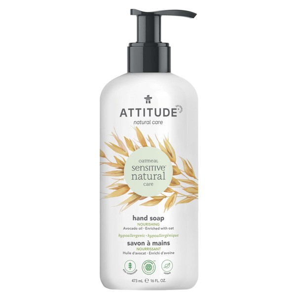 ATTITUDE Nourishing Hand Soap for Sensitive Skin Enriched with Oat and Avocado Oil, EWG Verified, Dermatologically Tested & Hypoallergenic, Vegan & Cruelty-free, 16 Fl Oz