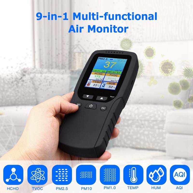 9 in 1 Air Quality Monitor Indoor Outdoor PM2.5, PM1.0,