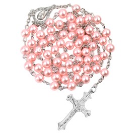 Karjiaja Pink Pearl Rosary Beads Catholic Necklace Glass Beads Necklace with Crucifix Charms Long Rosary Beads Necklace Prayer Beads Necklace Catholic Rosary Necklace for Men Women