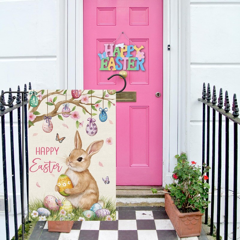 Louise Maelys Happy Easter Garden Flag Bunny Rabbit with Easter