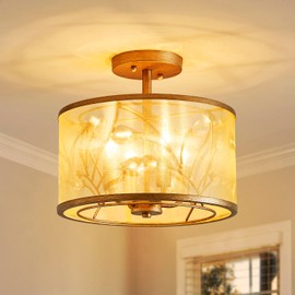 AGV LIGHTING CL022 K9 Crystal Semi Flush Mount Ceiling Light Fixture, Middle Century Modern Style, E12 Base 3-Lights, D13 x H15, Fabric Lampshade & Rust Bronze Finish Frame…