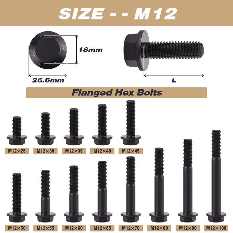 M12-1.75 x 80mm (4 pcs) Flanged Hex Bolt Screws Black