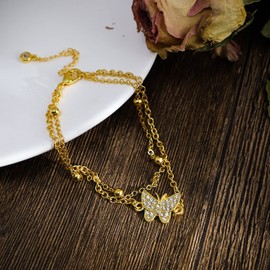 14k Gold Plated Butterfly Cubic Zirconia Dainty Link Anklet Beads Double Layered Bracelets Butterfly Anklet for Women Gilrs Boho Beach Jewelry Gifts-Gold