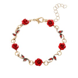 Niaspi Red Rose Bracelet for Women Girls Dainty Charm Petal Flower Bracelets Adjustable CZ Flowers Branch Chain Bracelet Vintage Bohemian Valentines Day Mother's Day Jewlery Gift