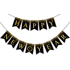 Uniwish Happy New Year Banner Black and Gold New Years Decorations 2025 New Years Eve Party Supplies Outdoor Indoor Home Wall Decor