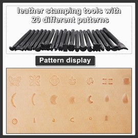 WONVOC 21 pcs Leather Stamping Kit, 20 pcs Leather Stamping Tools, Leather Carving Kit, Leather Stamping Tools Geometric, Leathercraft Stamping Tools and Mallet for DIY Leather Crafts