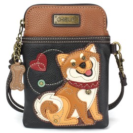 CHALA Cell Phone Crossbody Purse-Women PU Leather/Canvas Multicolor Handbag with Adjustable Strap - Shiba Inu - black