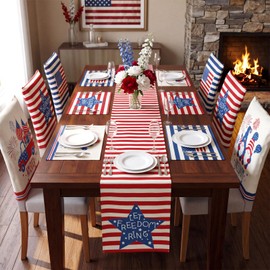 Newtay 13 Pcs 4th of July Table Runner Placemats and Dining Chair Cover Set Patriotic Red White Blue Decoration for 250th Anniversary Memorial Independence Day Kitchen Dining Home Party Decor(Stylish)