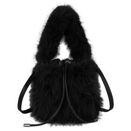 Aisi Women Girls Faux Fur Bucket Tote Handbag Plush Drawstring Shoulder Bag Casual Crossbody Bag