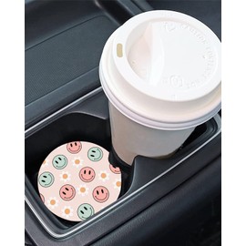 2PCS Colorful Face & Daisy Flower Ceramic Car Cup Holder Coasters - Pink Retro Groovy Aesthetic Cup Holder Accessories, Cute Drink Coaster Mats for Women Men, Universal Fit