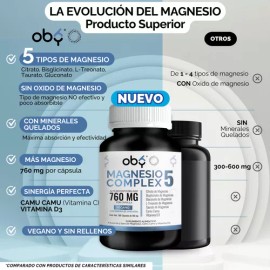 5 Magnesios: Citrato Magnesio, Glicinato Magnesio, Treonato, Taurato, Gluconato | + Camu Camu Y Vitamina D3 | Magnesio Complex Vegano | Suplementos Vitaminas Oby 180 Capsulas