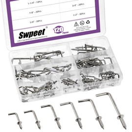 Swpeet 120Pcs 6 Sizes Silver Metal Screw-in Square Bend Hooks Kit, Square Bend Hooks L Shaped Self-Tapping Screws Hooks L Type Photo Frame Right Angle Hook for Home/Workplace/Office Hanging