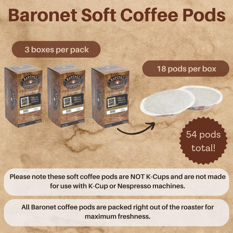 Baronet Coffee Pods [DECAF French Vanilla-54 Pods] Flavored Single Cup