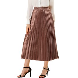Allegra K Women's Elastic Waist Party Metallic Shiny Accordion Pleated Midi Skirt Copper L
