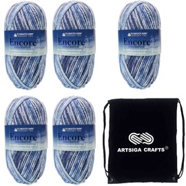 Plymouth Yarn for Knitting Encore Worsted Colorspun Blue with Spots 7401, 5-Skeins (Same Dyelot, 500 gr, 1000 yds), Medium Weight #4, 75% Acrylic/25% Wool Blend, with Project Bag