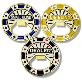 Luck Lab Set of 3 Metal Bottle Opener Poker Buttons - Dealer Button, Big Blind and Small Blind Metal Weights (Position Markers) for Texas Hold Em - 2 inch