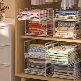 Hongtamoya 4-Tier Stackable Closet Organizers and Storage Shelves, Sliding Storage Basket Clothes Bins Drawer Shelf Container for Wardrobe Kitchen Bathroom Office, White