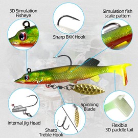 5 Pieces Pre-Rigged Jig Head Paddle Tail Lures, Soft Plastic Fishing Lures with Spinner Blades, 3D Eyes, Sharp Hooks, Realistic Swimbaits Lures for Freshwater Saltwater Bass Trout Walleye