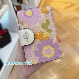 Coach NWT Coach Medium Corner Zip Wallet CBO31 Purple Pink Floral Canvas Silver/Sand