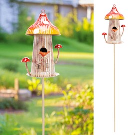 Yinns Bird House Stake for Outside, Metal Mushroom Birdhouse Garden Stake, Wild Bird Houses Pole for Small Bird Home Garden Decor