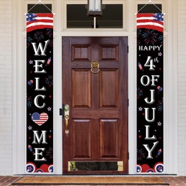 MEHOFOND Happy 4th of July Porch Banners Classic American Stripes Independence Day Hanging Banner for Party Door Outdoor Decorations Memorial Day Fireworks Welcome Porch Banner Sign Home Decorations